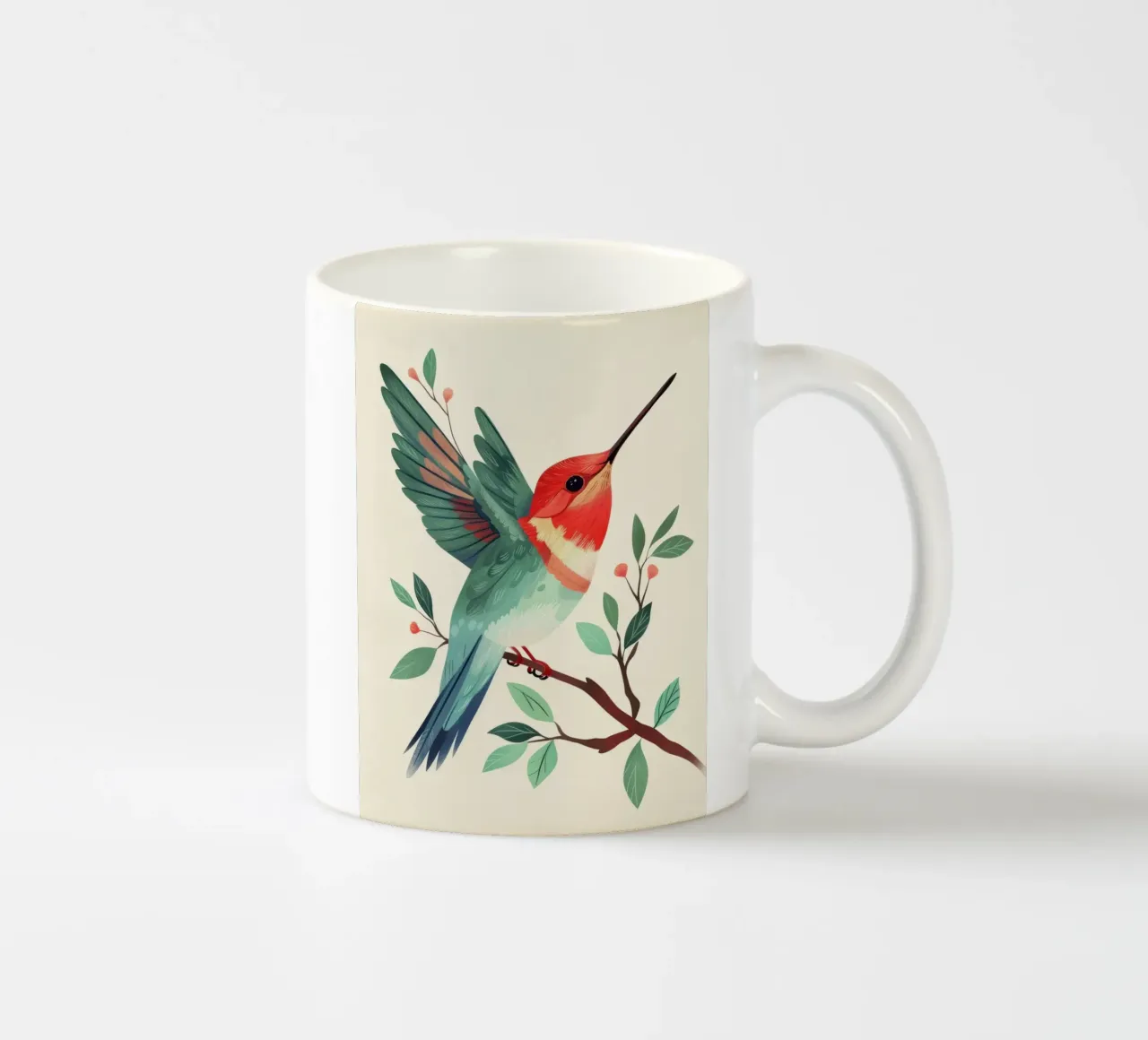 Colibrì colorato appollaiato su un ramo con foglie tazza in ceramica da DesignDoodle