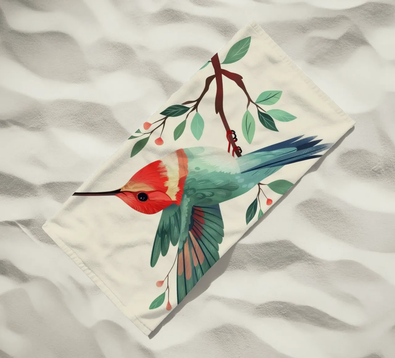 Colibrì colorato appollaiato su un ramo con foglie telo mare da DesignDoodle