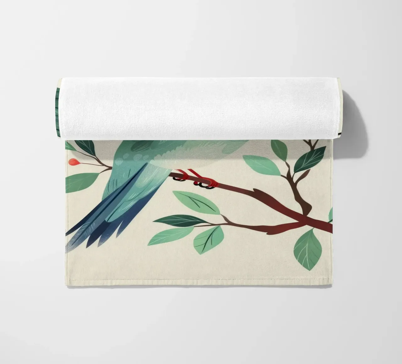 Colibrì colorato appollaiato su un ramo con foglie telo mare da DesignDoodle