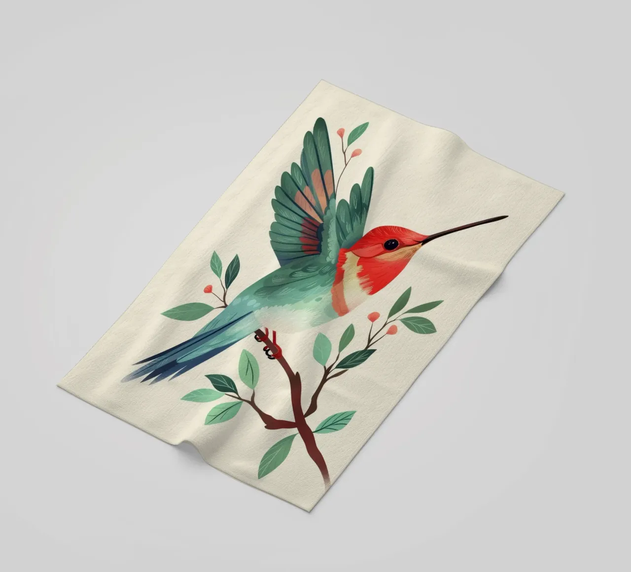 Colibrì colorato appollaiato su un ramo con foglie telo mare da DesignDoodle