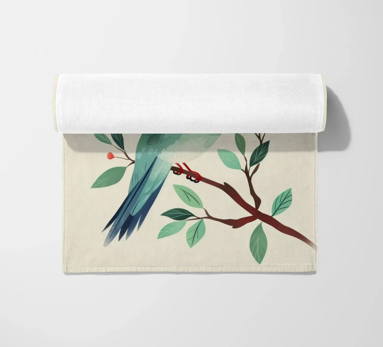 Colibrì colorato appollaiato su un ramo con foglie telo mare da DesignDoodle