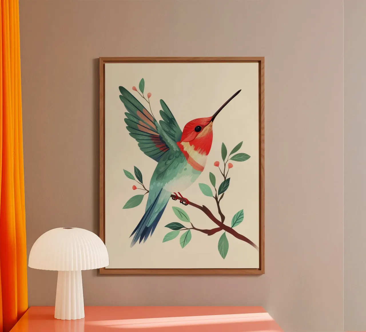 Colorful hummingbird perched on a branch with leaves alu-dibond by DesignDoodle