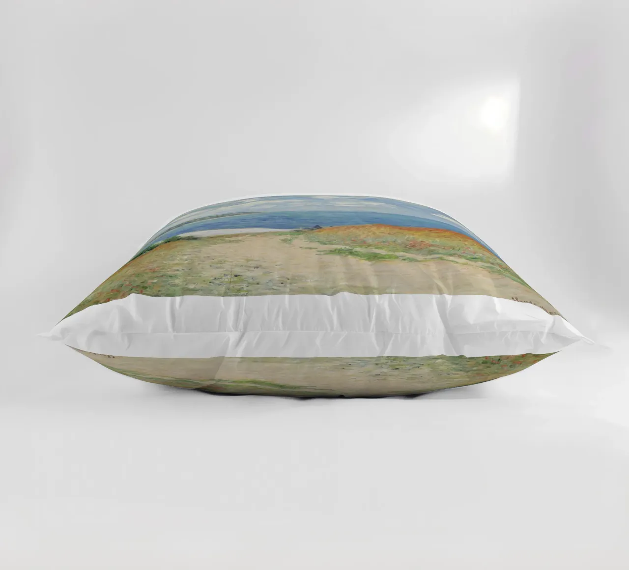 a road leading through wheat fields to cliffs and the sea decorative cushion by SMG Store