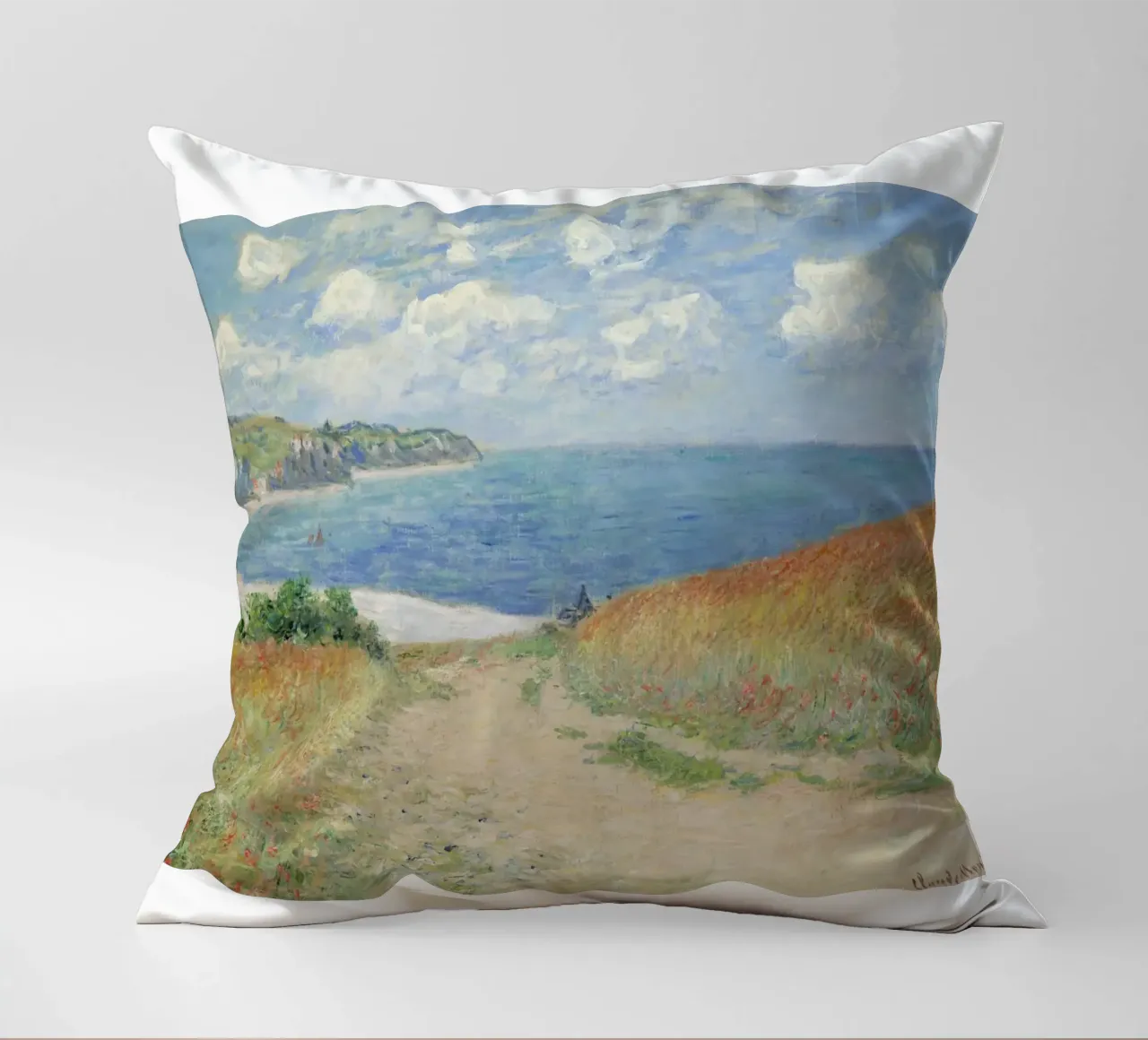 a road leading through wheat fields to cliffs and the sea decorative cushion by SMG Store