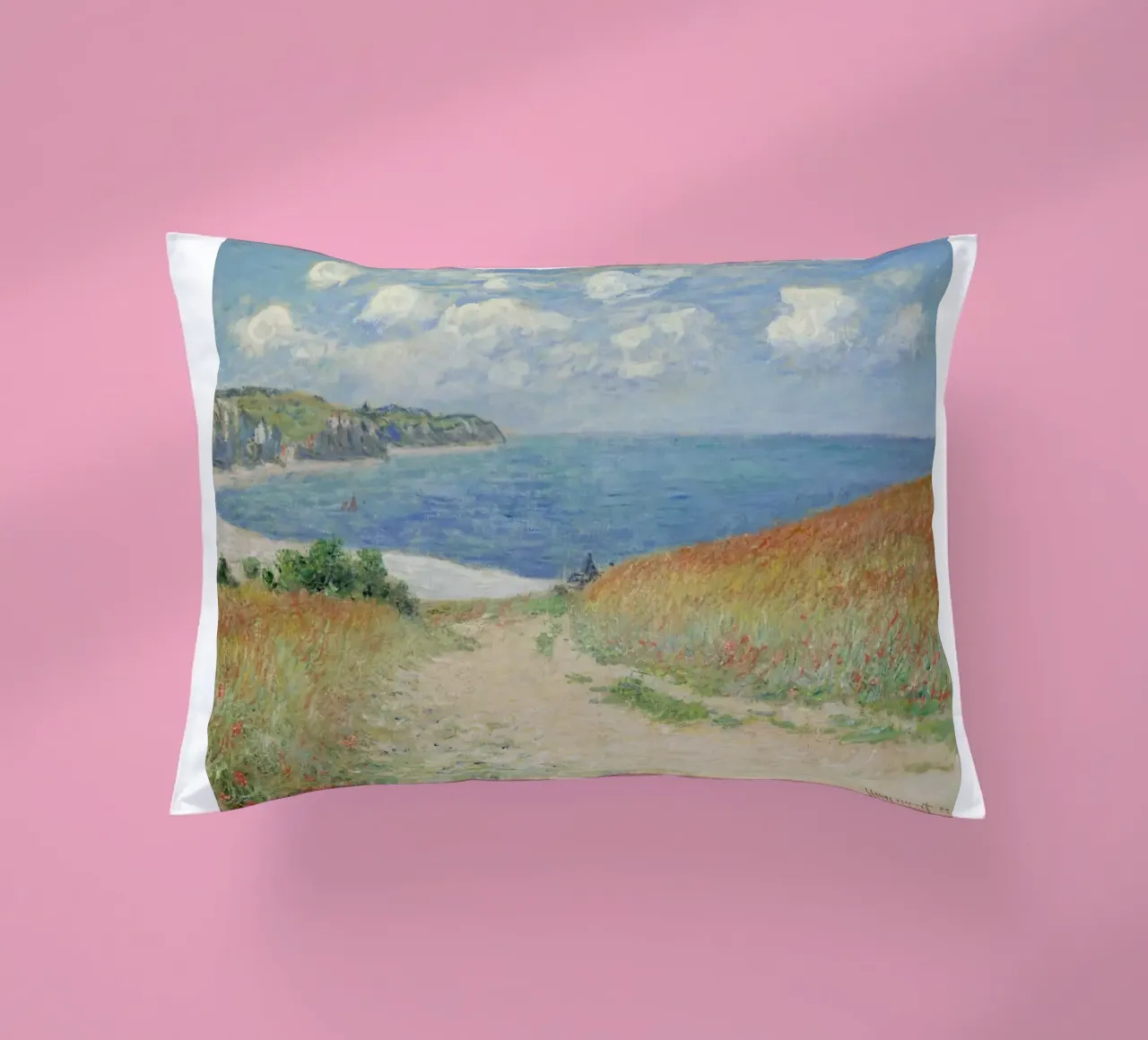 a road leading through wheat fields to cliffs and the sea decorative cushion by SMG Store