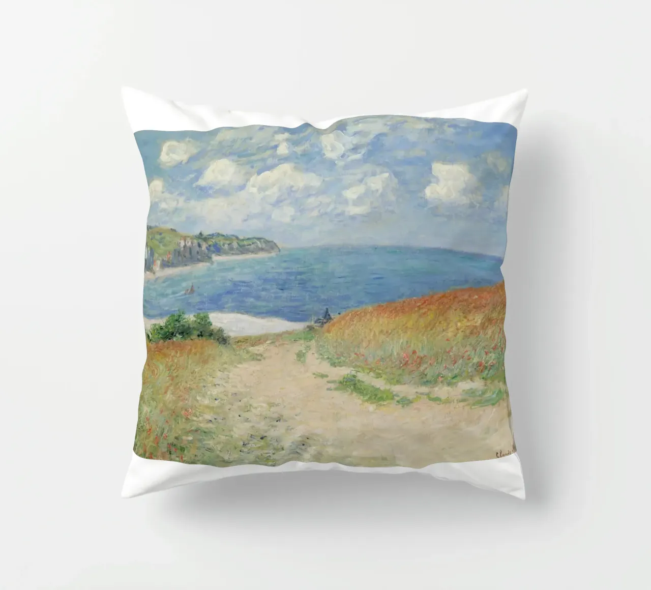 a road leading through wheat fields to cliffs and the sea decorative cushion by SMG Store