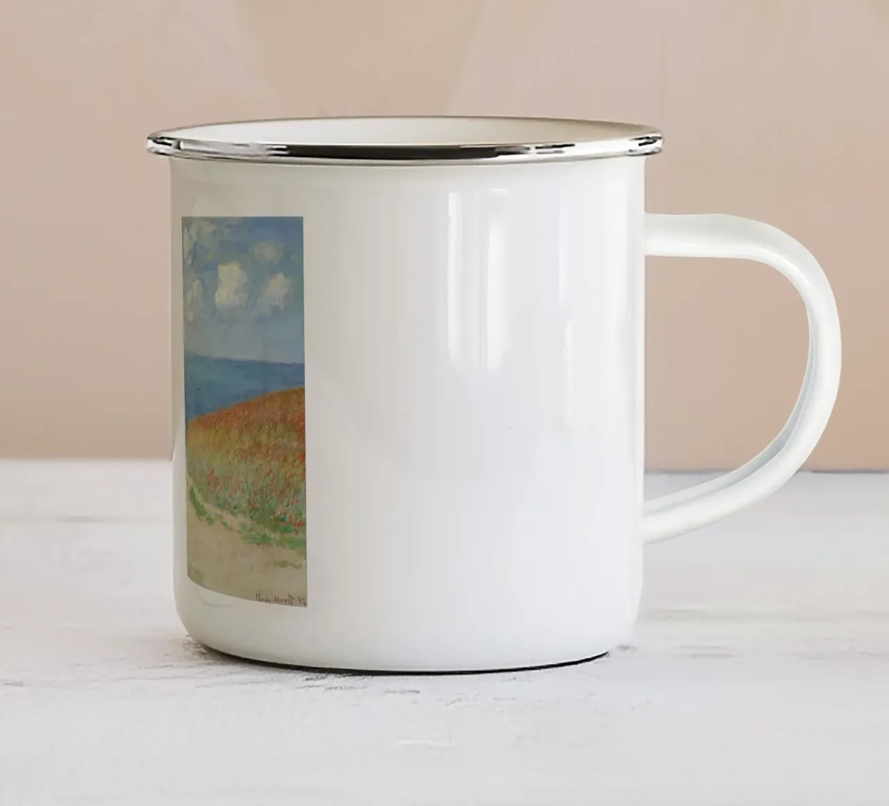 a road leading through wheat fields to cliffs and the sea enamel mug by SMG Store
