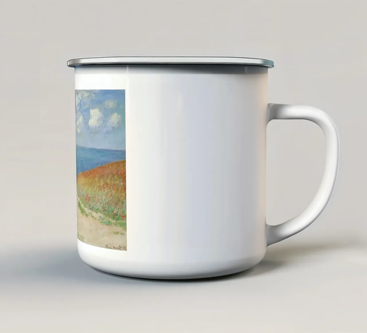 a road leading through wheat fields to cliffs and the sea enamel mug by SMG Store