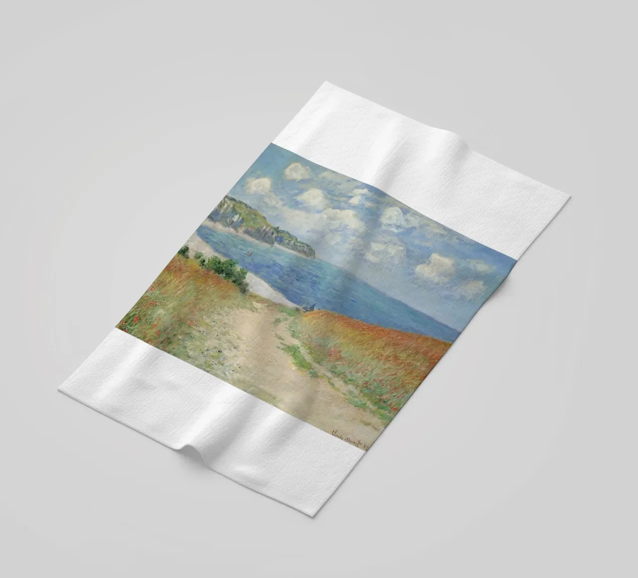 a road leading through wheat fields to cliffs and the sea beach towel by SMG Store