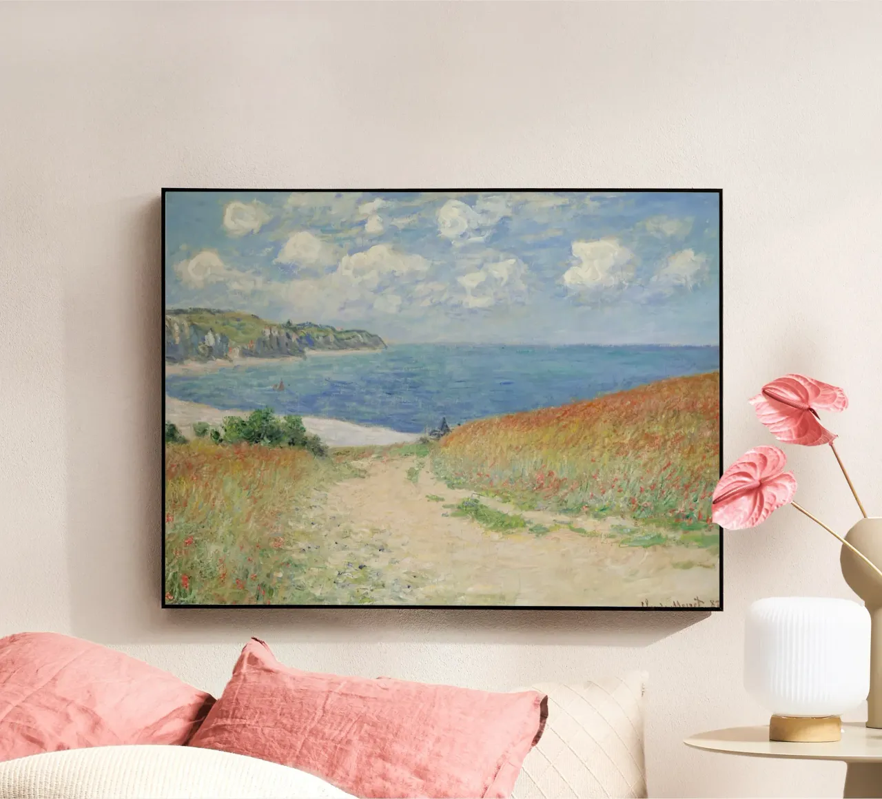 a road leading through wheat fields to cliffs and the sea acrylic glass by SMG Store
