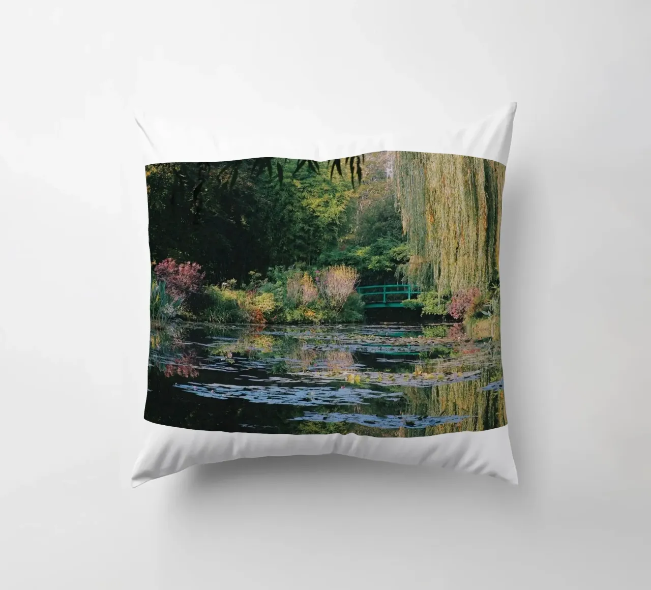 lotus pond with curved bridge decorative cushion by SMG Store