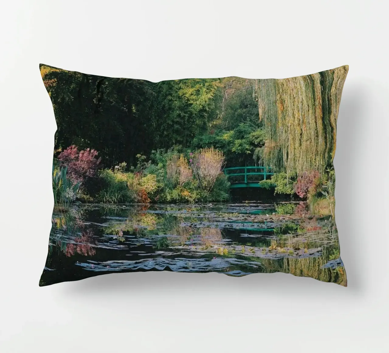 lotus pond with curved bridge decorative cushion by SMG Store
