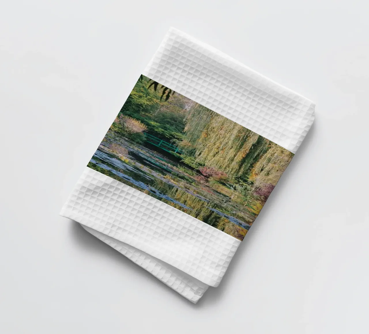 lotus pond with curved bridge tea towel by SMG Store