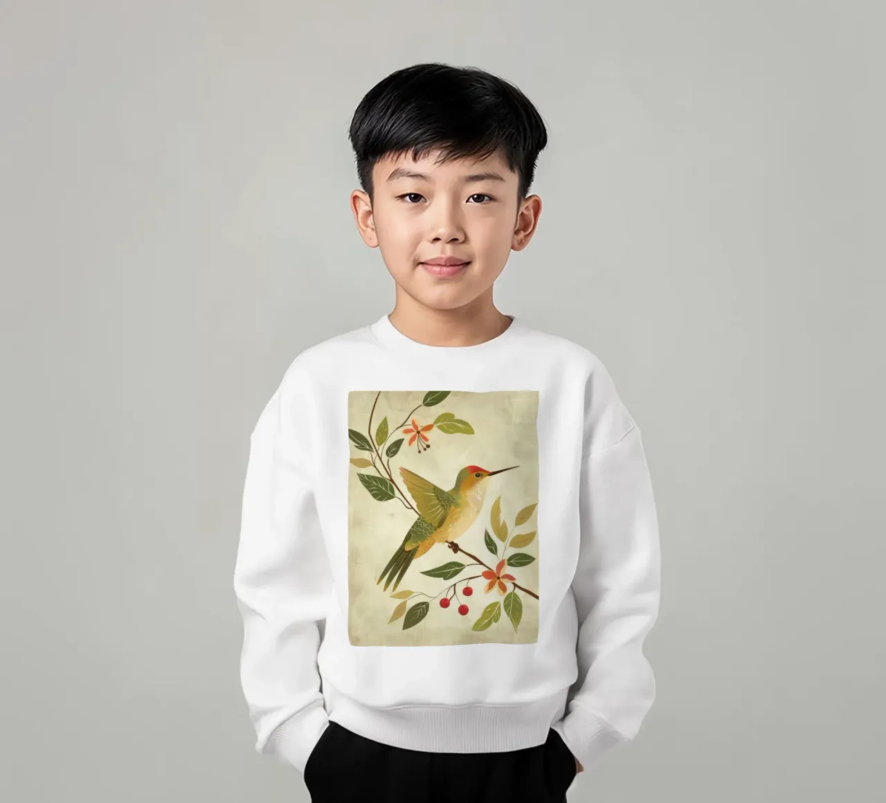Colibrì appollaiato su un ramo con foglie e fiori felpa bambino da DesignDoodle