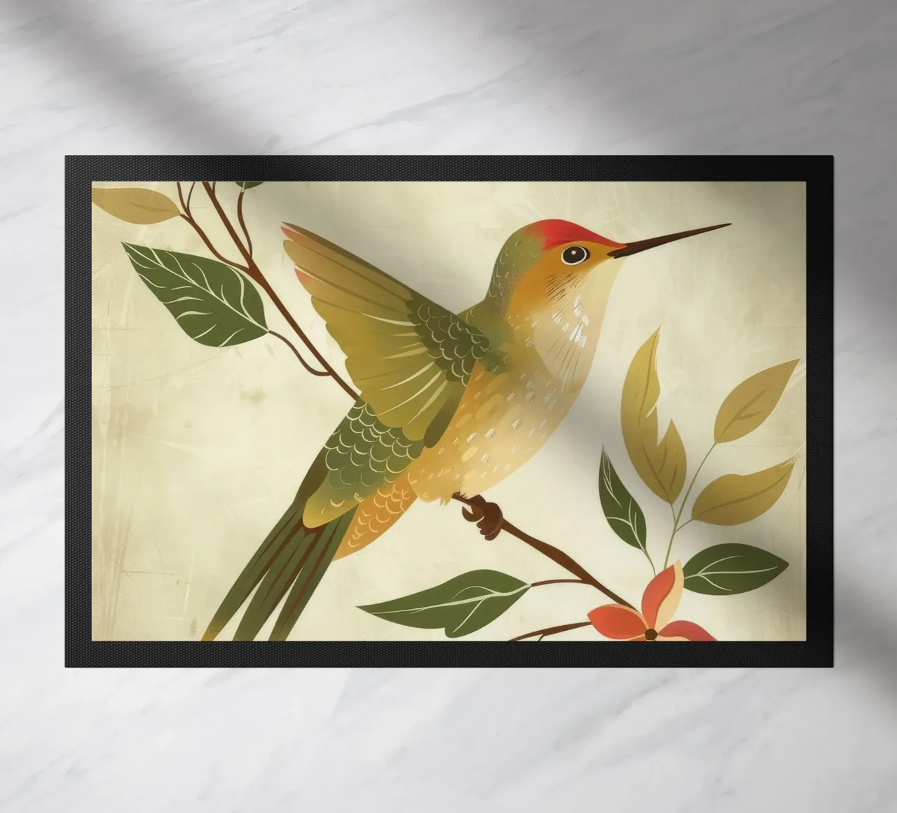 Colibrì appollaiato su un ramo con foglie e fiori zerbino da DesignDoodle