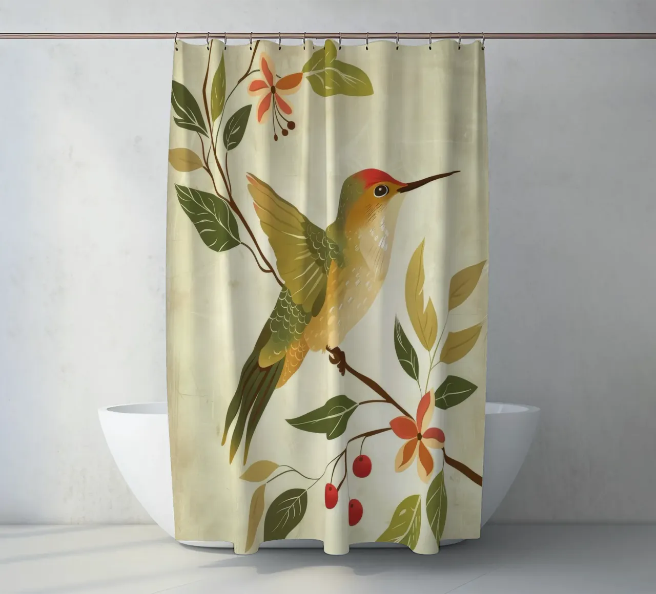 Kolibri auf einem Zweig mit Blättern und Blumen sitzend Duschvorhang von DesignDoodle