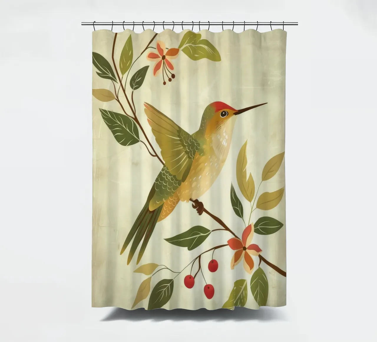 Kolibri auf einem Zweig mit Blättern und Blumen sitzend Duschvorhang von DesignDoodle