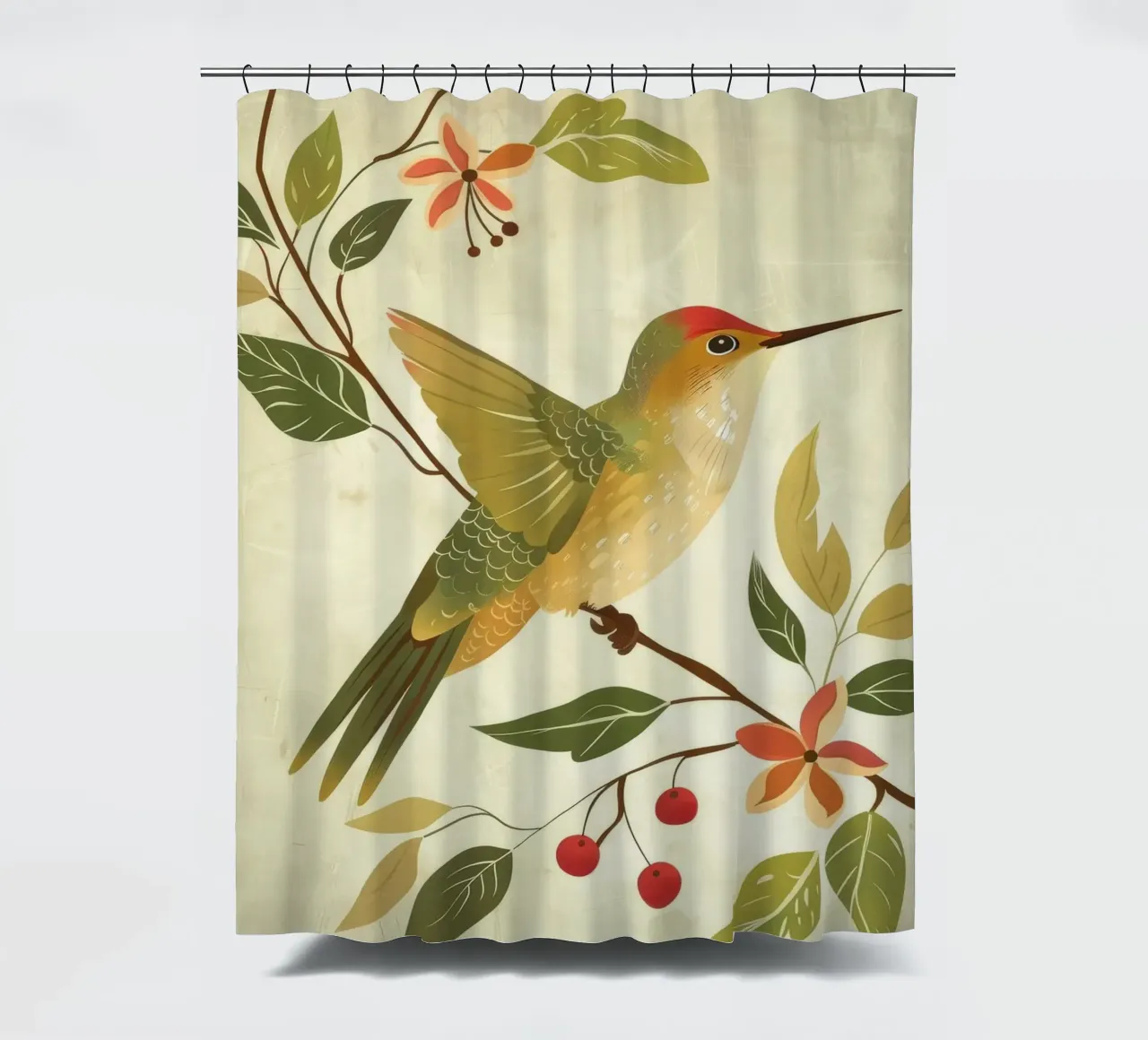 Kolibri auf einem Zweig mit Blättern und Blumen sitzend Duschvorhang von DesignDoodle
