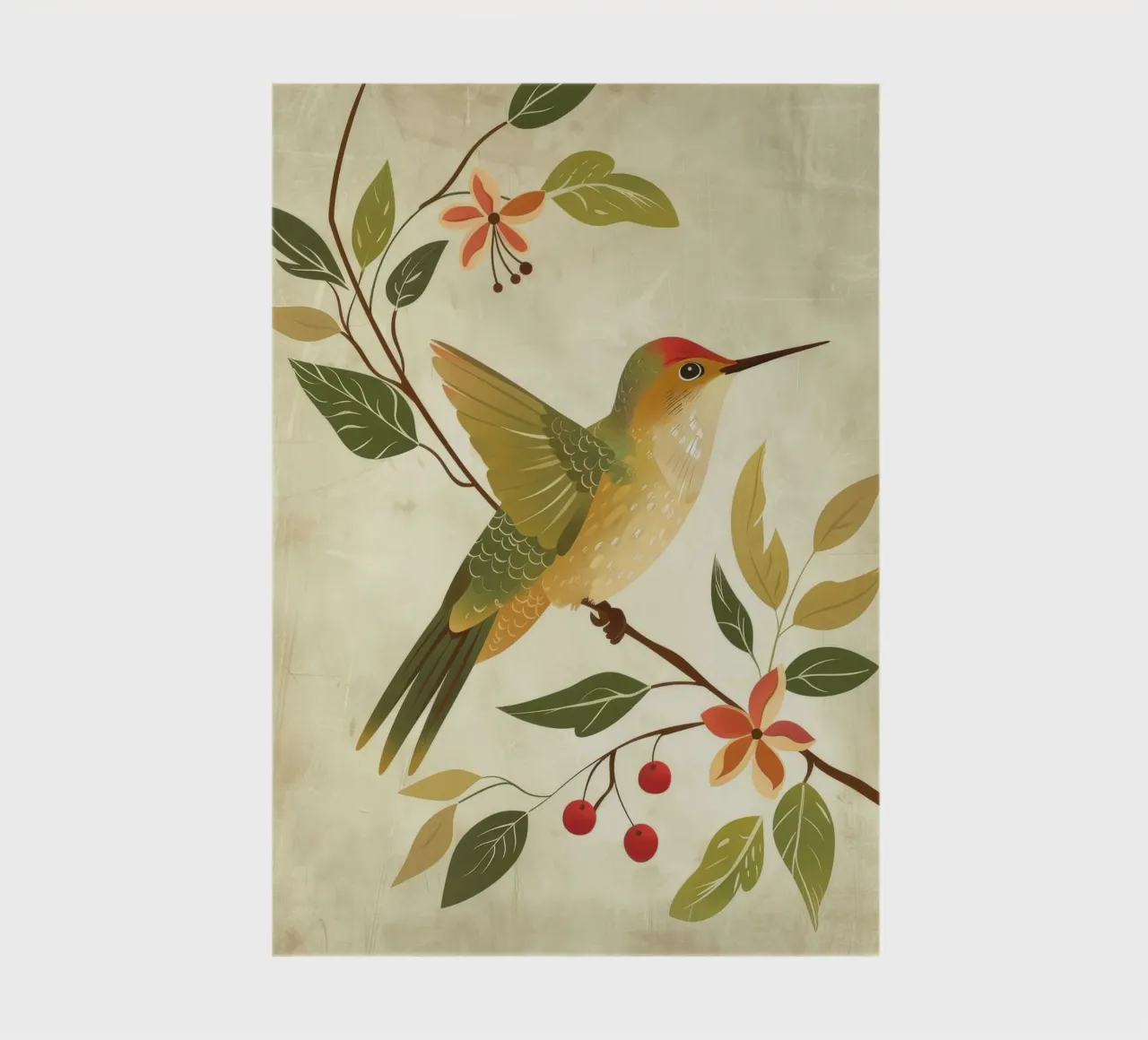 Hummingbird perched on a branch with leaves and flowers notebook by DesignDoodle