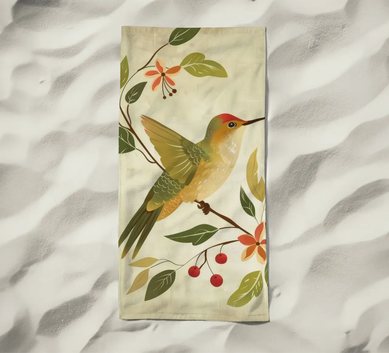 Colibrì appollaiato su un ramo con foglie e fiori telo mare da DesignDoodle