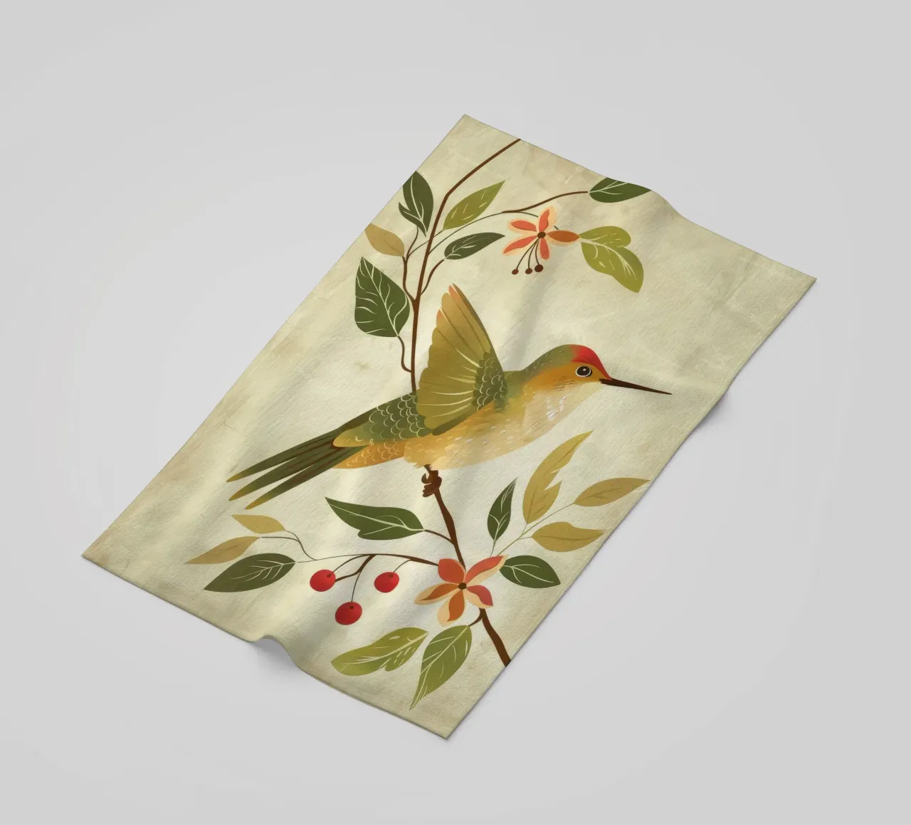 Colibrì appollaiato su un ramo con foglie e fiori telo mare da DesignDoodle