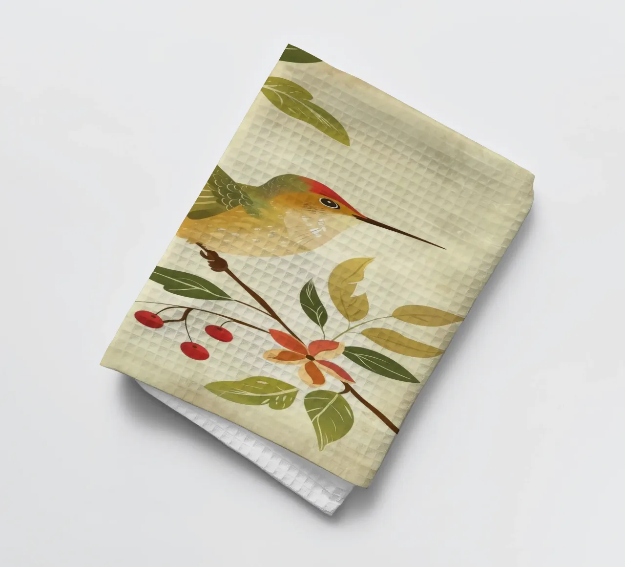 Kolibri auf einem Zweig mit Blättern und Blumen sitzend Geschirrtuch von DesignDoodle