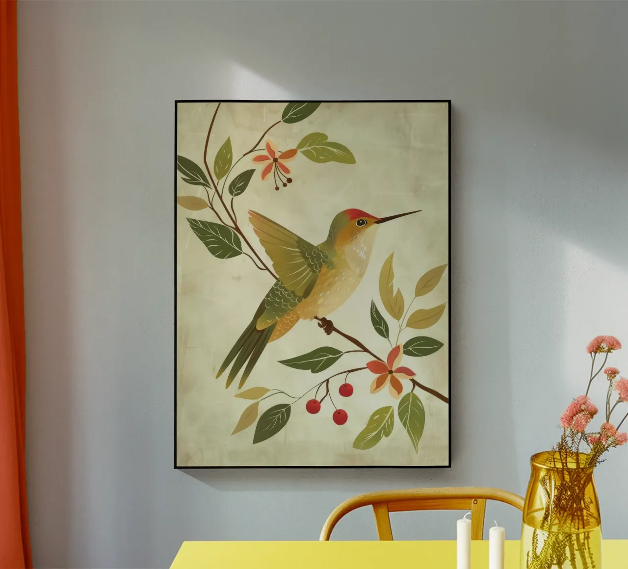 Colibrì appollaiato su un ramo con foglie e fiori plexiglass da DesignDoodle