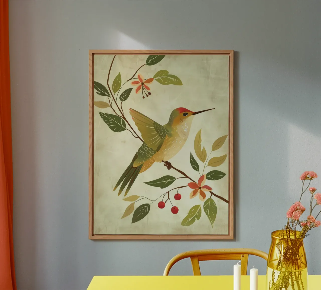 Colibrì appollaiato su un ramo con foglie e fiori alluminio dibond da DesignDoodle