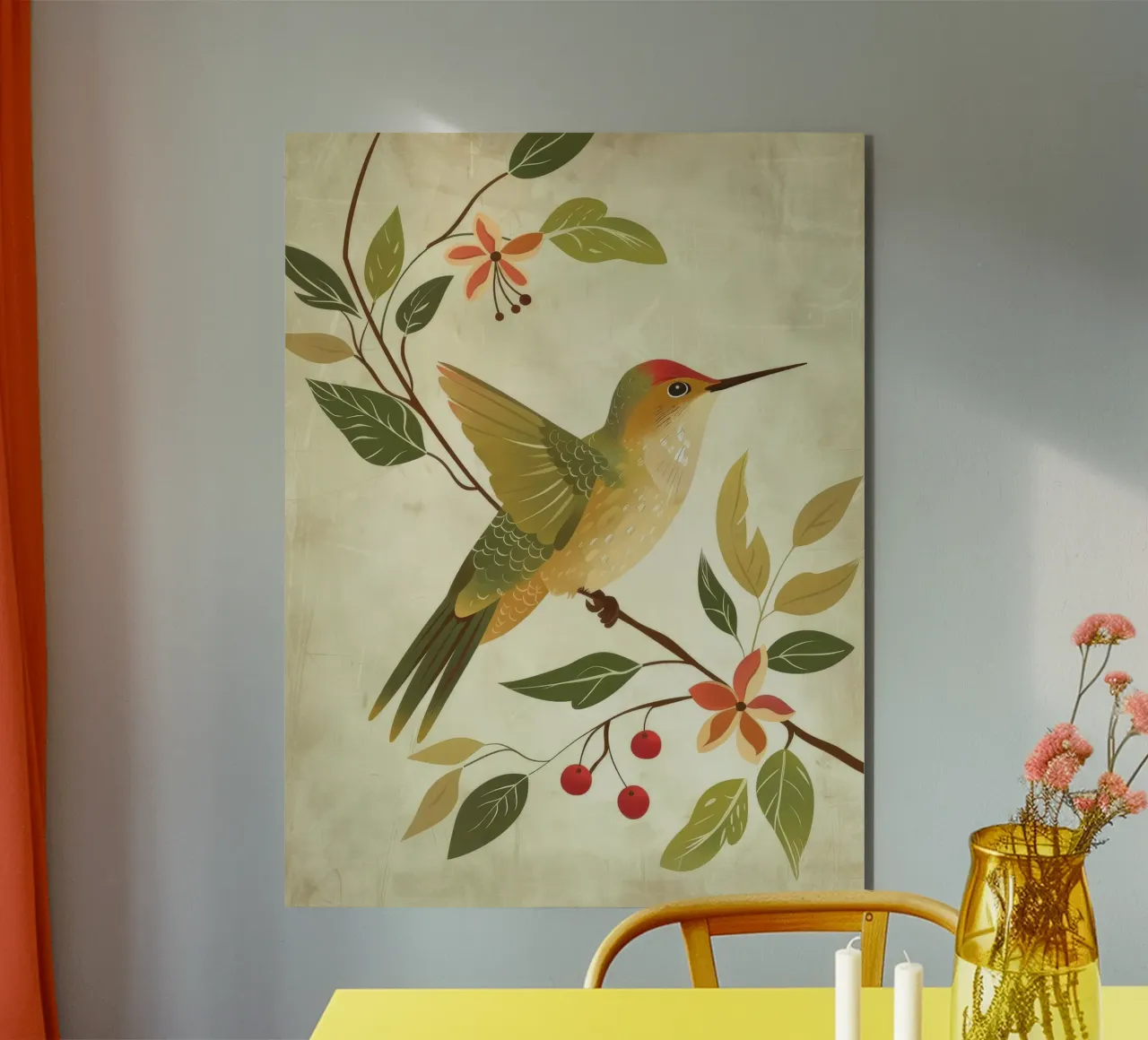 Colibrì appollaiato su un ramo con foglie e fiori alluminio dibond da DesignDoodle