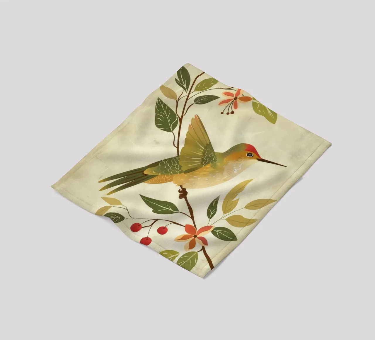 Kolibri auf einem Zweig mit Blättern und Blumen sitzend Fleecedecke von DesignDoodle