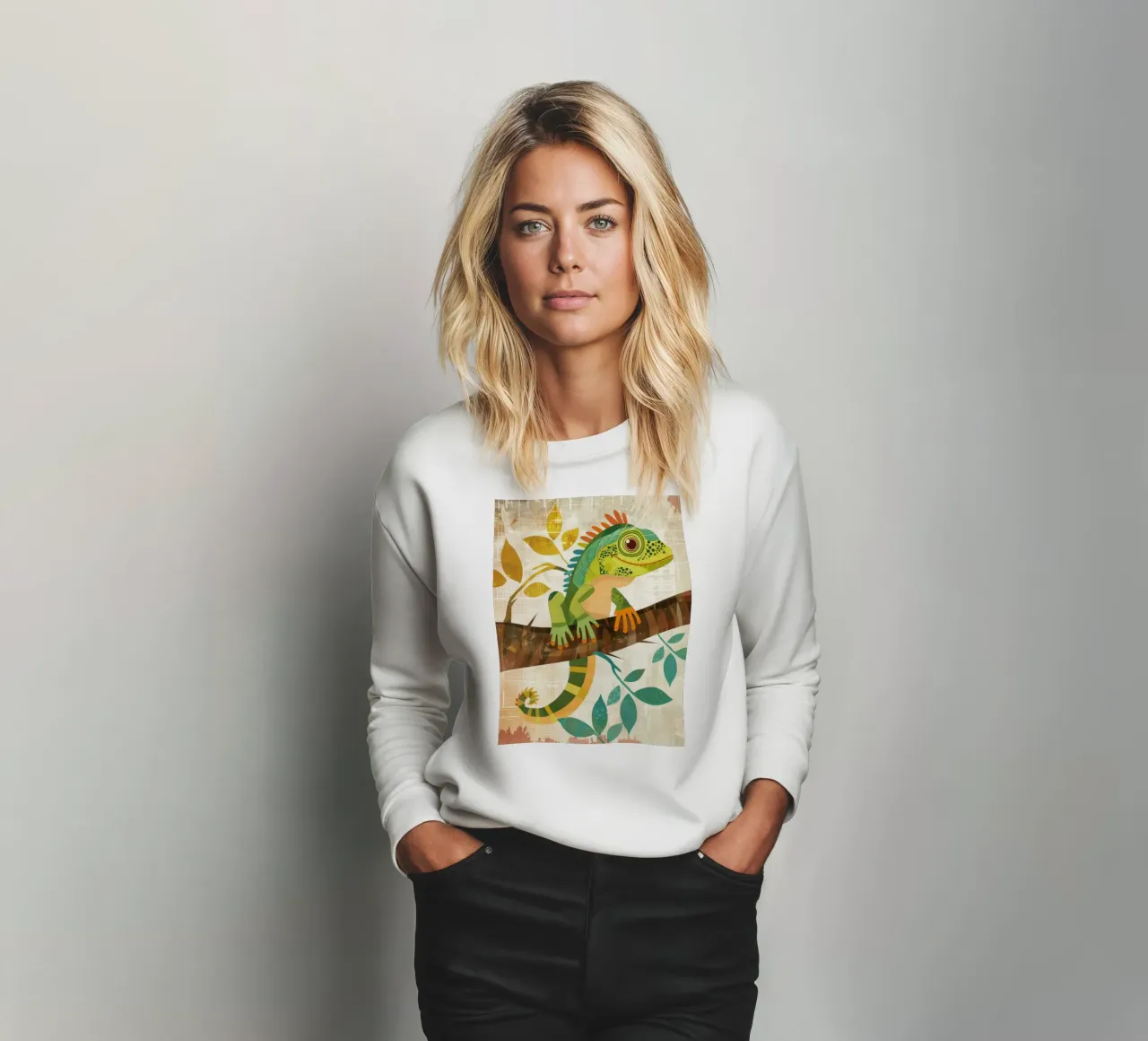 Lizard resting on a branch surrounded by leaves in a stylize sweatshirt by DesignDoodle