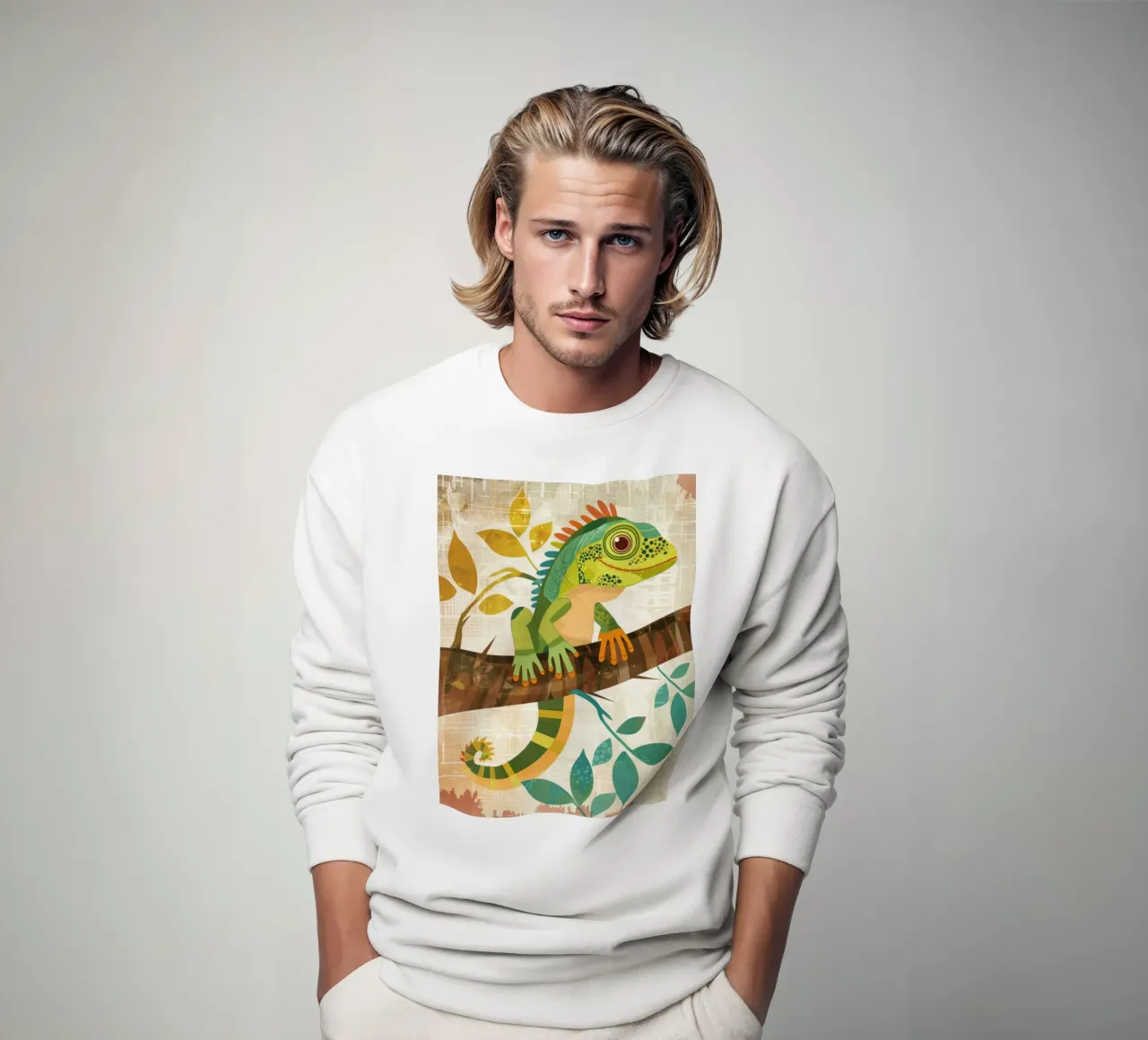 Lizard resting on a branch surrounded by leaves in a stylize sweatshirt by DesignDoodle