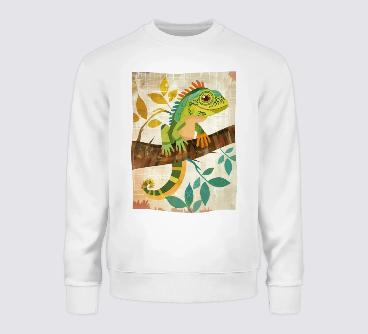 Lizard resting on a branch surrounded by leaves in a stylize sweatshirt by DesignDoodle
