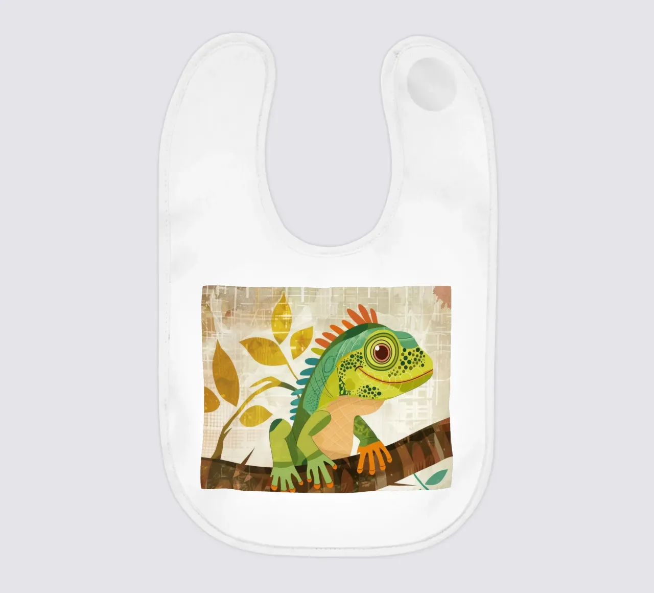 Lizard resting on a branch surrounded by leaves in a stylize baby bib by DesignDoodle