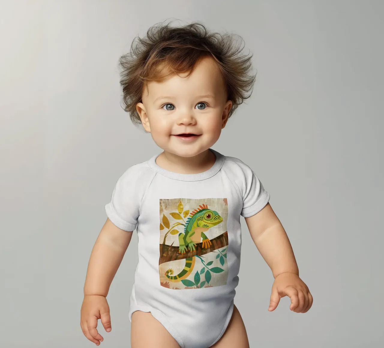 Lizard resting on a branch surrounded by leaves in a stylize short-sleeve baby romper by DesignDoodle