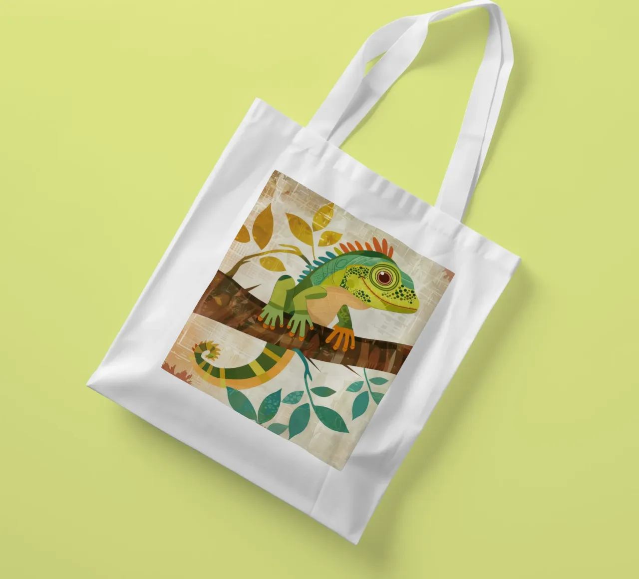 Lizard resting on a branch surrounded by leaves in a stylize tote bag by DesignDoodle