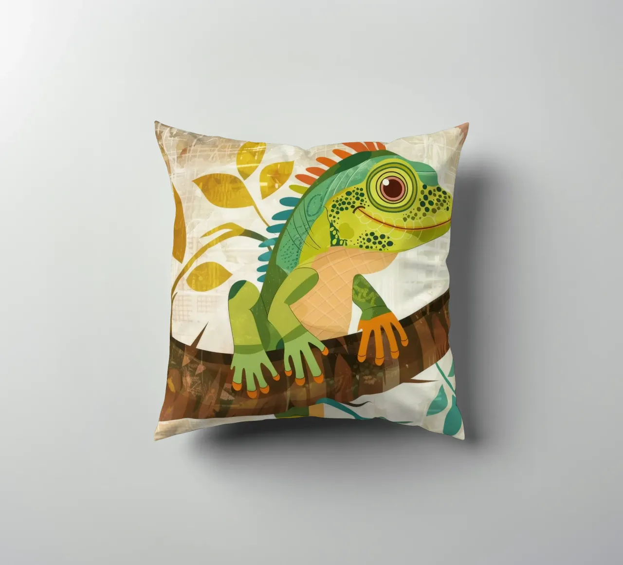 Lizard resting on a branch surrounded by leaves in a stylize decorative cushion by DesignDoodle