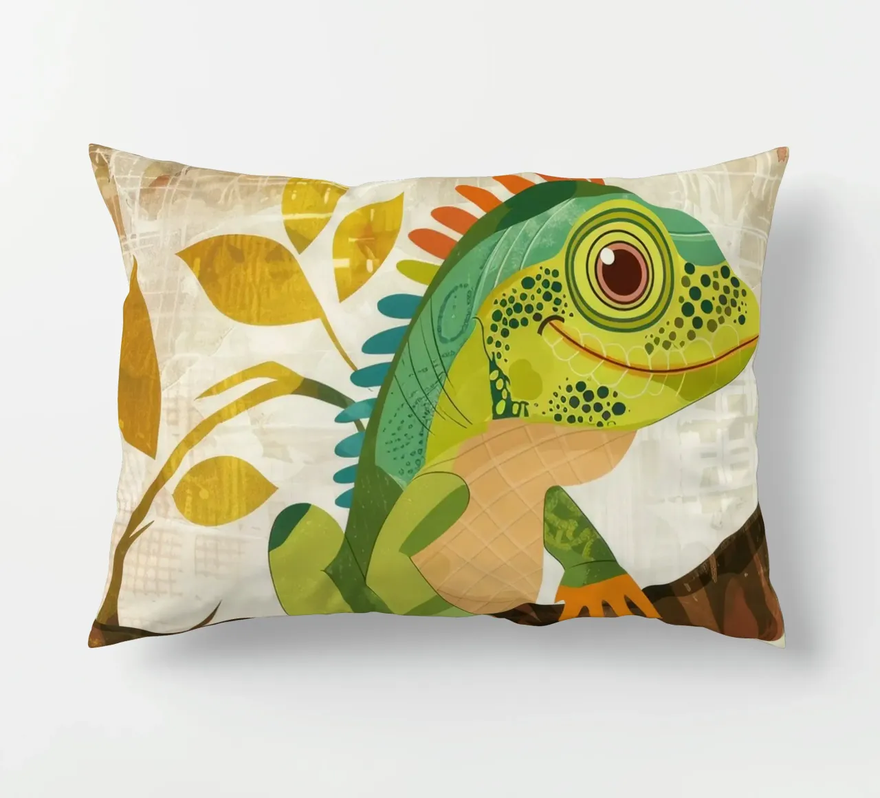 Lizard resting on a branch surrounded by leaves in a stylize decorative cushion by DesignDoodle