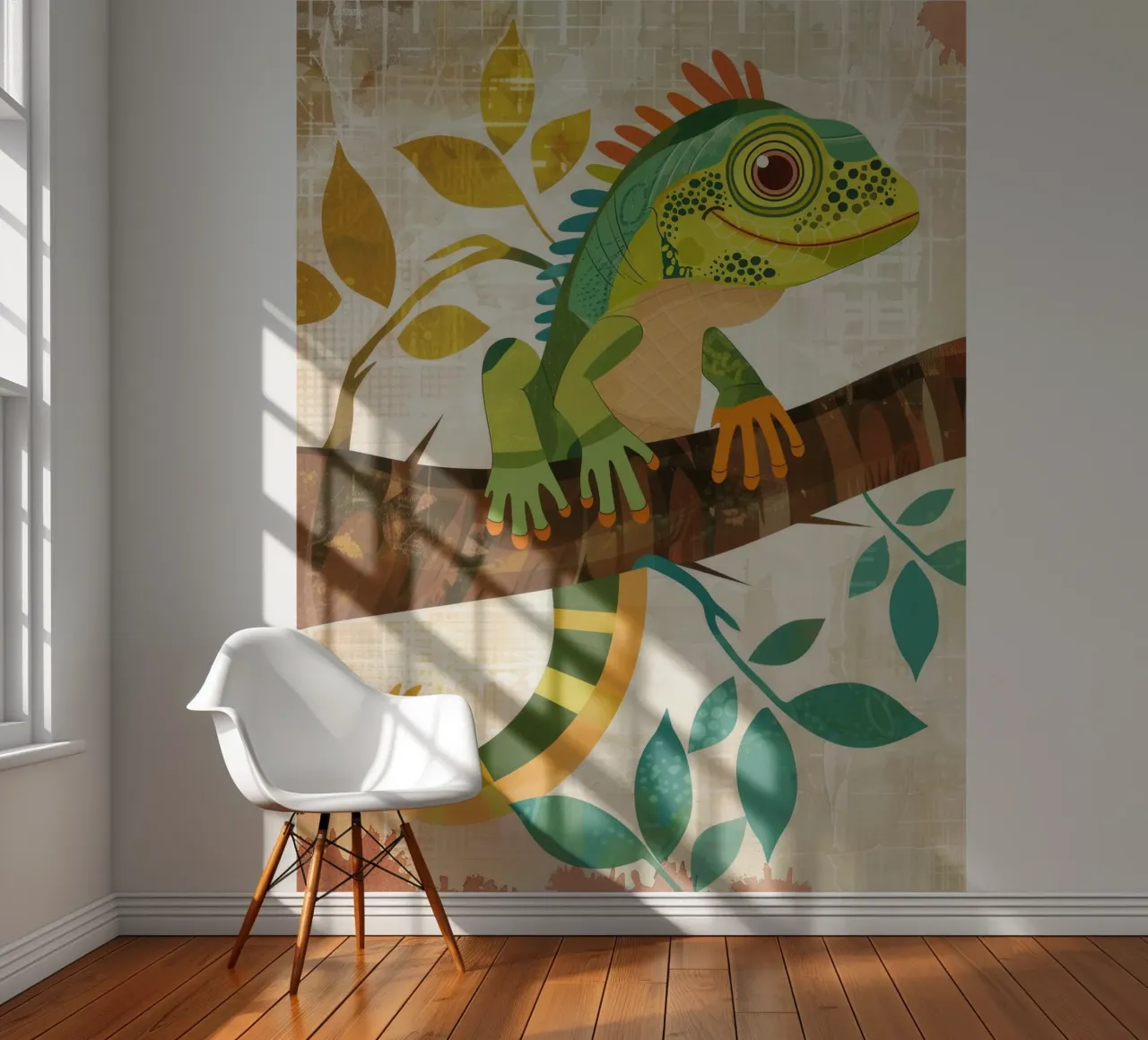 Lizard resting on a branch surrounded by leaves in a stylize photo wallpaper by DesignDoodle