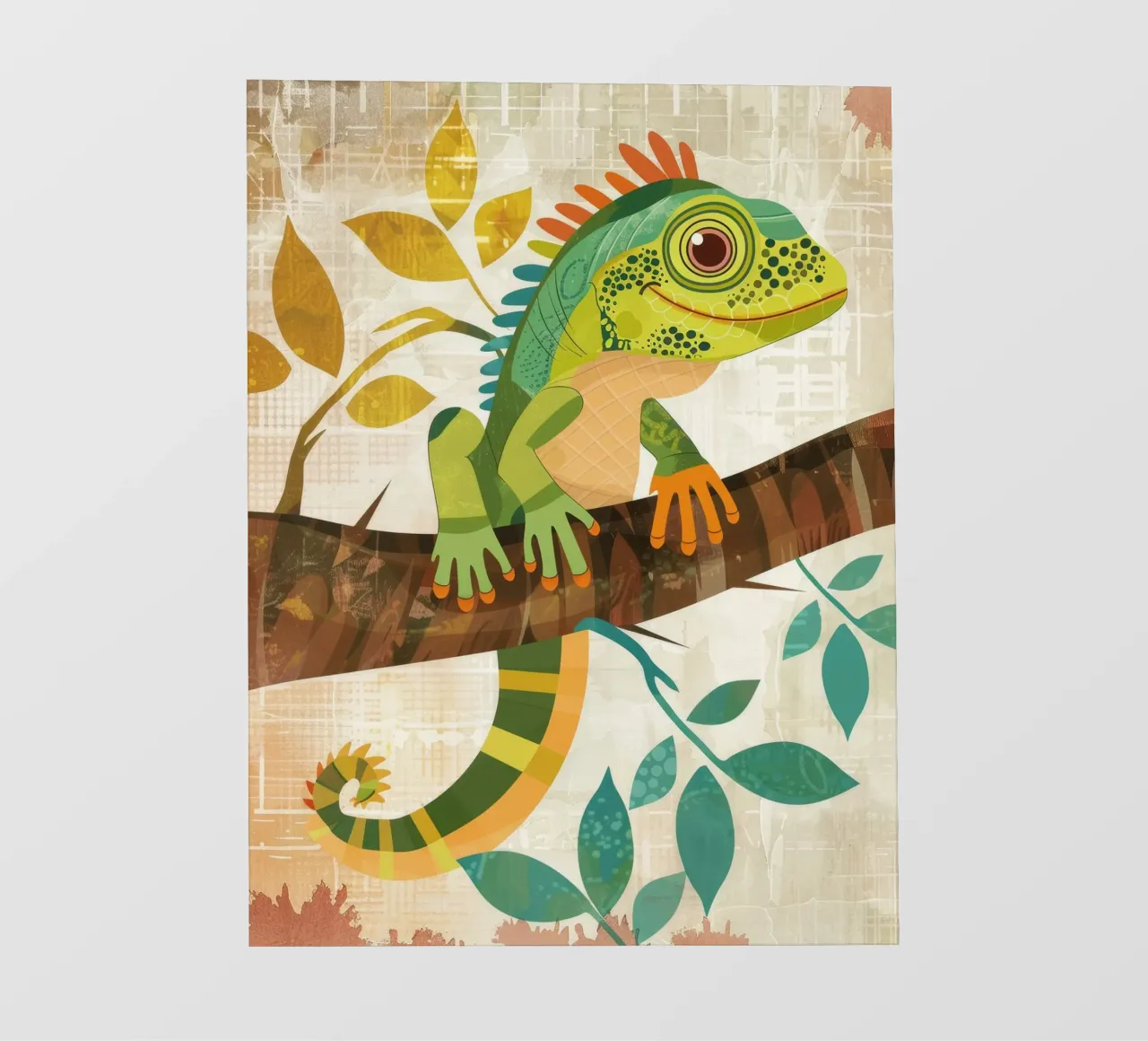 Lizard resting on a branch surrounded by leaves in a stylize photo wallpaper by DesignDoodle