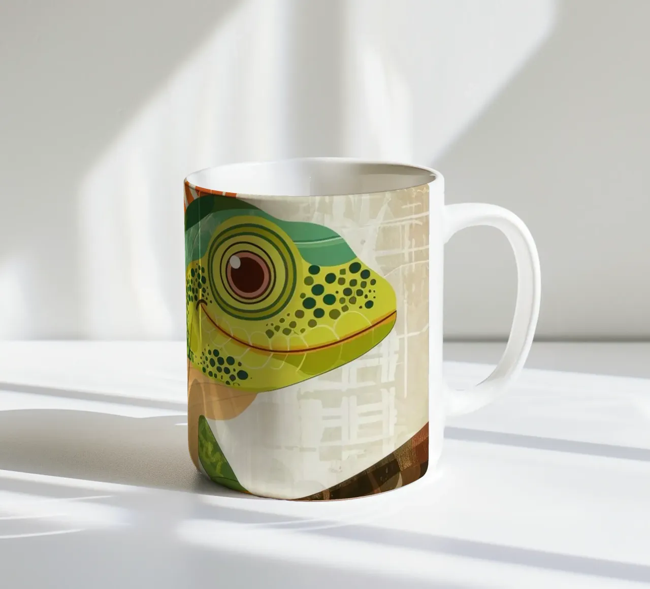 Lizard resting on a branch surrounded by leaves in a stylize ceramic mug by DesignDoodle