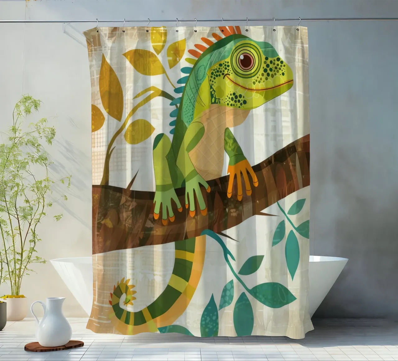 Lizard resting on a branch surrounded by leaves in a stylize shower curtain by DesignDoodle