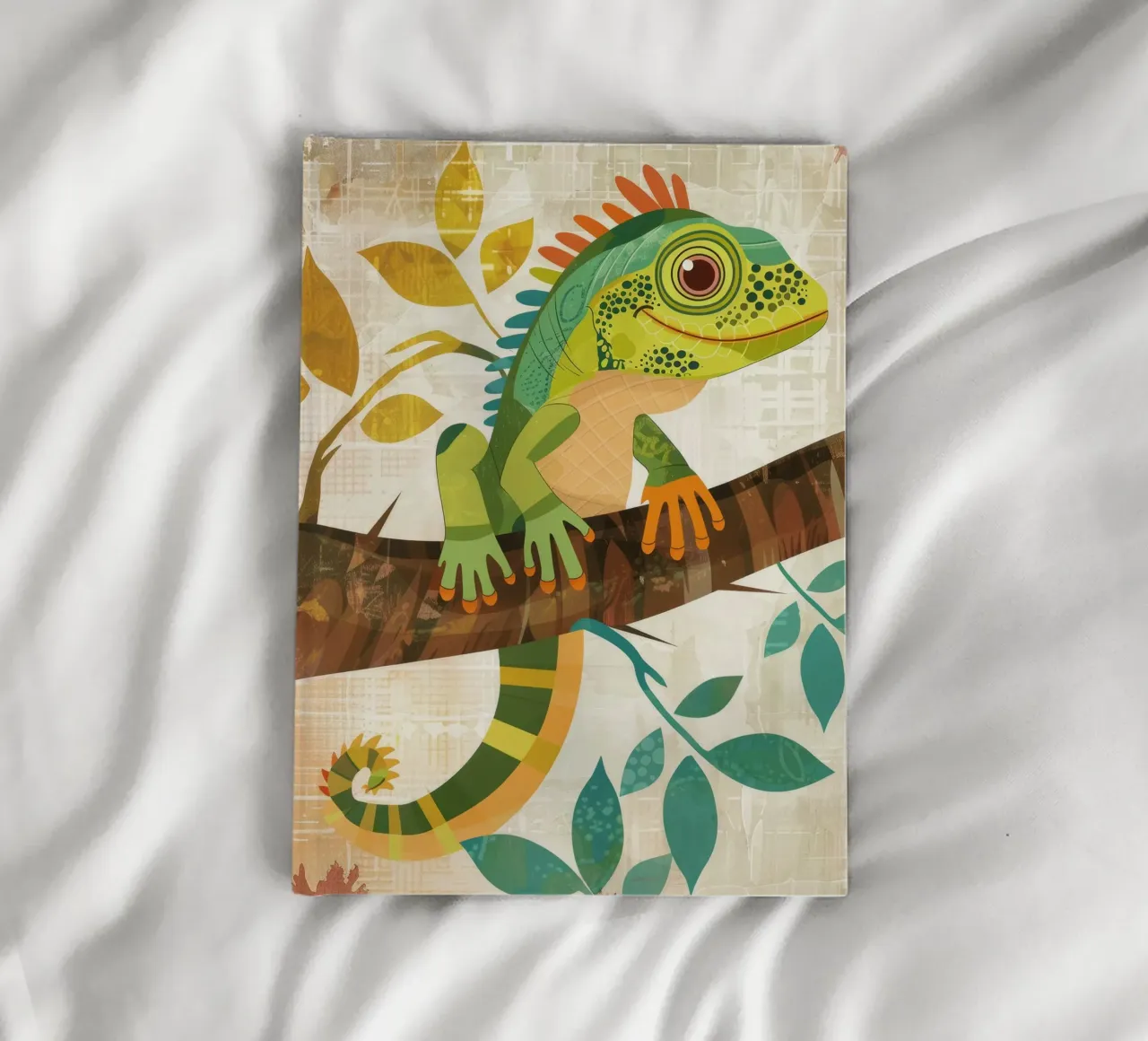 Lizard resting on a branch surrounded by leaves in a stylize notebook by DesignDoodle