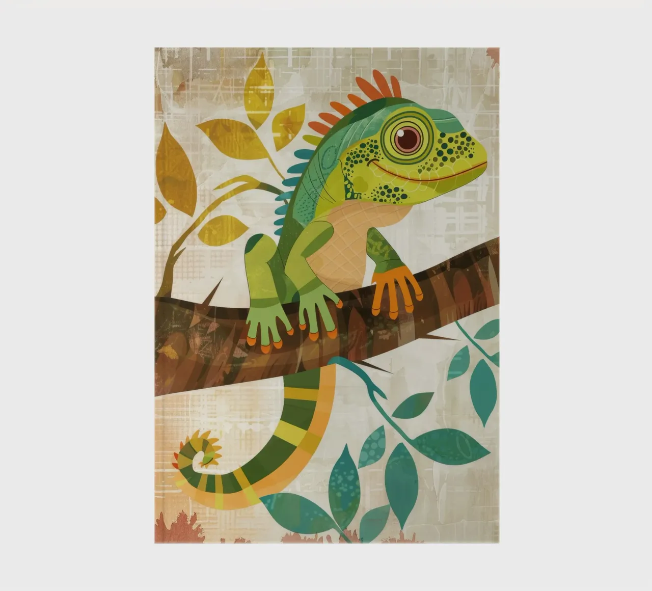 Lizard resting on a branch surrounded by leaves in a stylize notebook by DesignDoodle