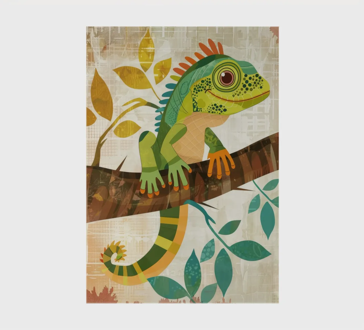 Lizard resting on a branch surrounded by leaves in a stylize notebook by DesignDoodle