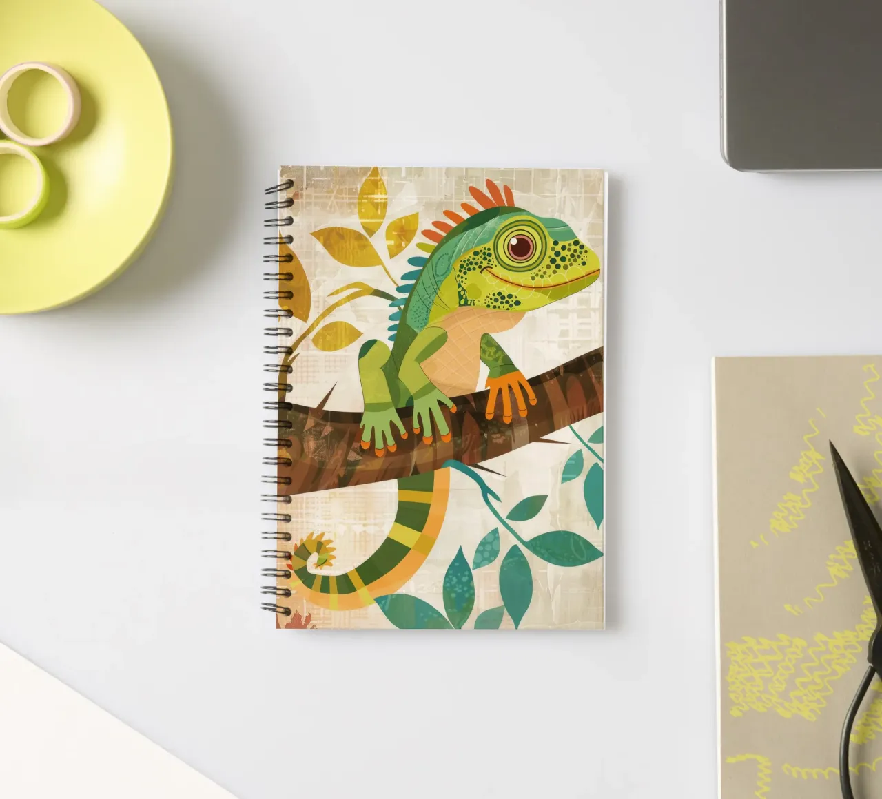Lizard resting on a branch surrounded by leaves in a stylize spiral notebook by DesignDoodle