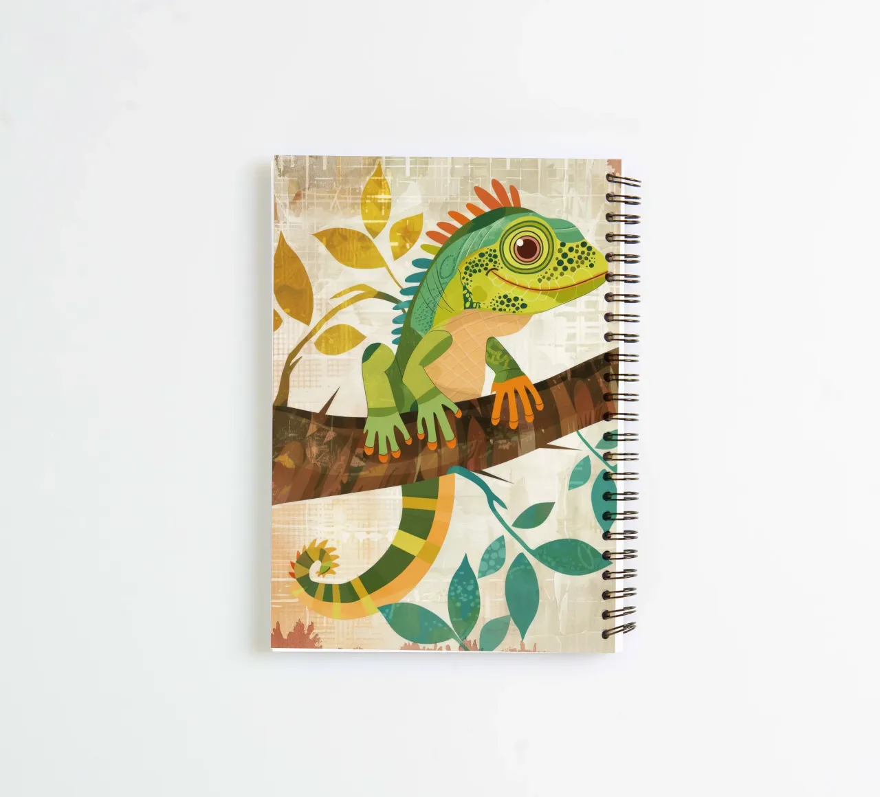 Lizard resting on a branch surrounded by leaves in a stylize spiral notebook by DesignDoodle
