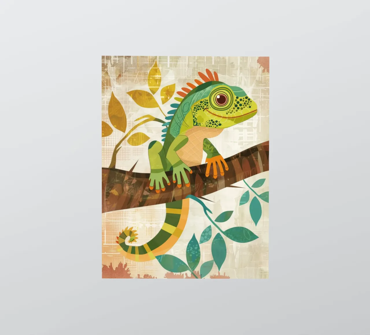 Lizard resting on a branch surrounded by leaves in a stylize sticker by DesignDoodle