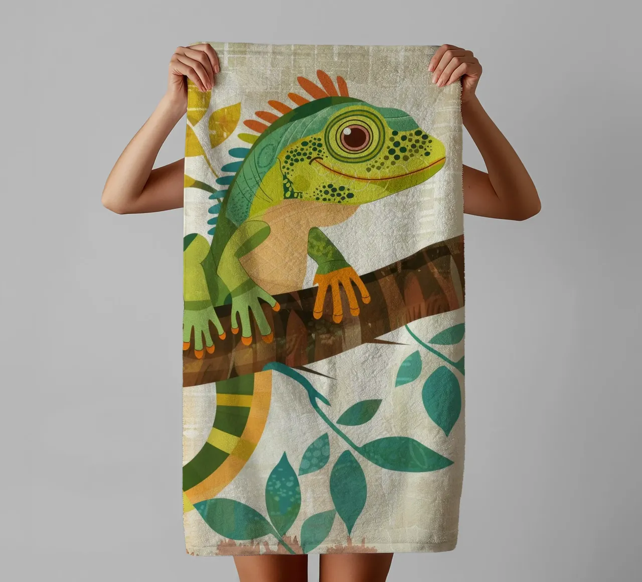 Lizard resting on a branch surrounded by leaves in a stylize towel by DesignDoodle