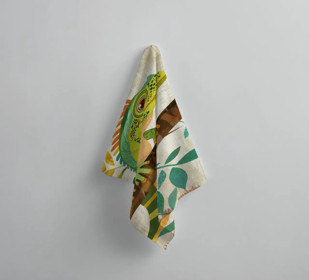 Lizard resting on a branch surrounded by leaves in a stylize towel by DesignDoodle